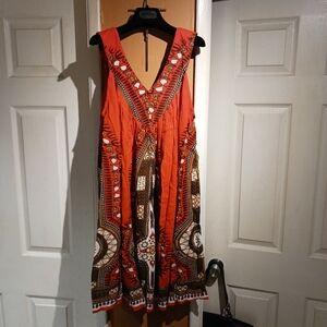 Henna Women's Dashiki Print Orange Sleeveless Dress. One Size.